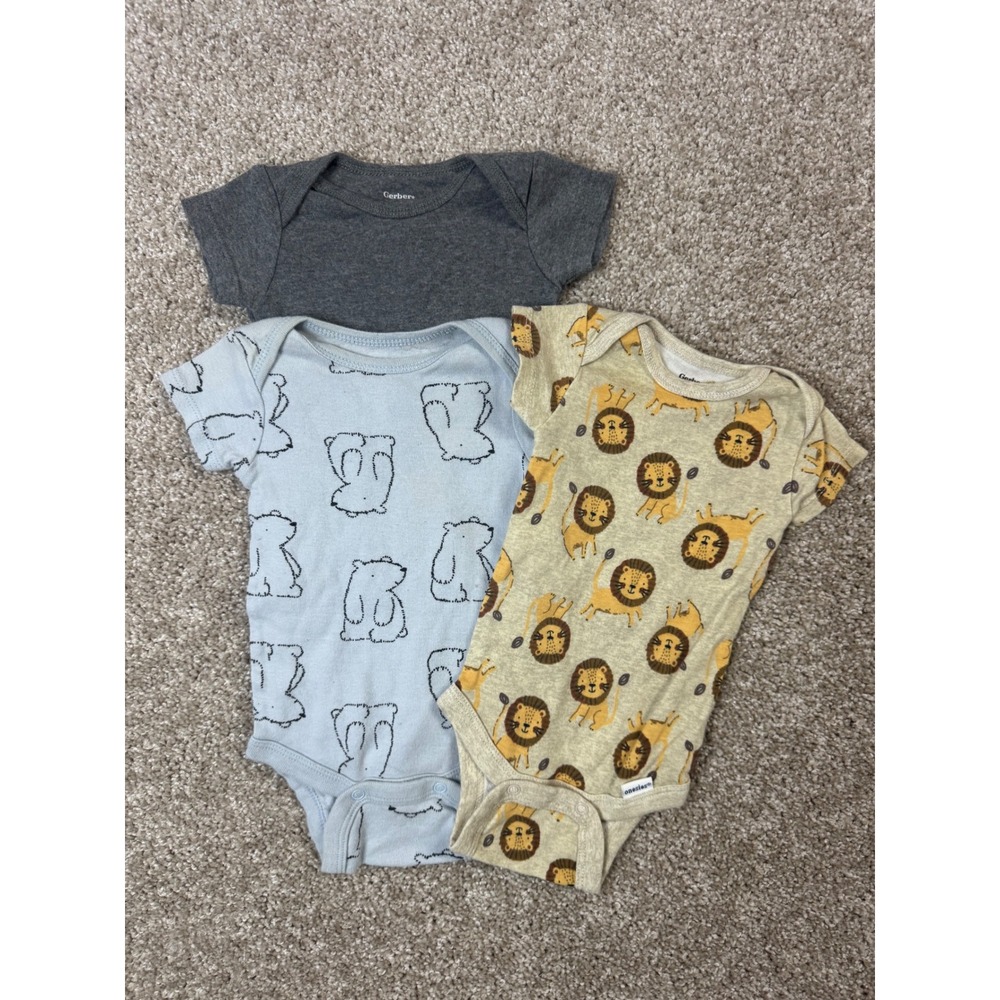 Gerber Baby Boy 0-3M Short Sleeve Bodysuits 3 Pack Lion Polar Bear Gray Blue Tan